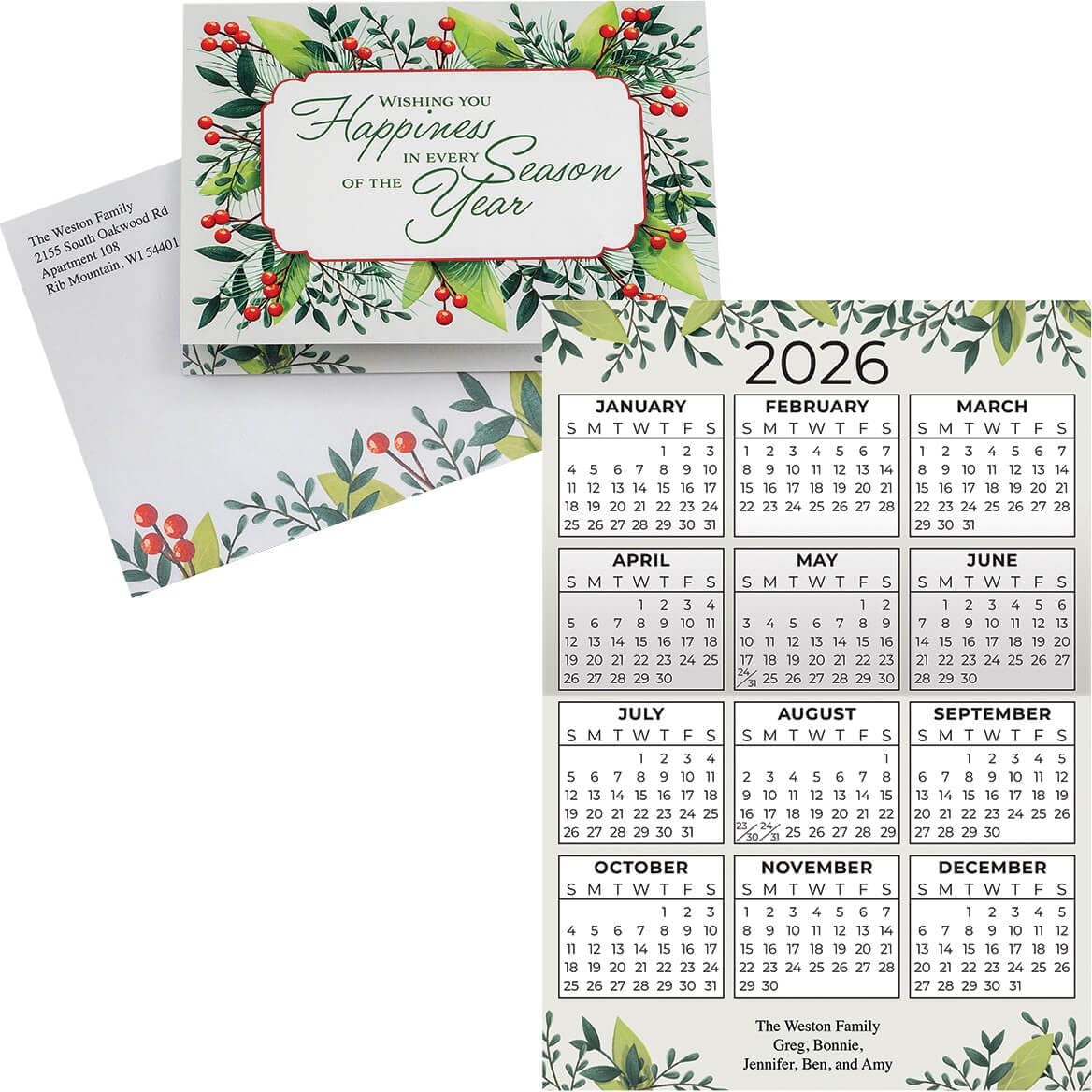 HOLIDAY PEAK Custom Floral Border Calendar Card Set of 20, Card and Front of Envelope Personalization w/Design