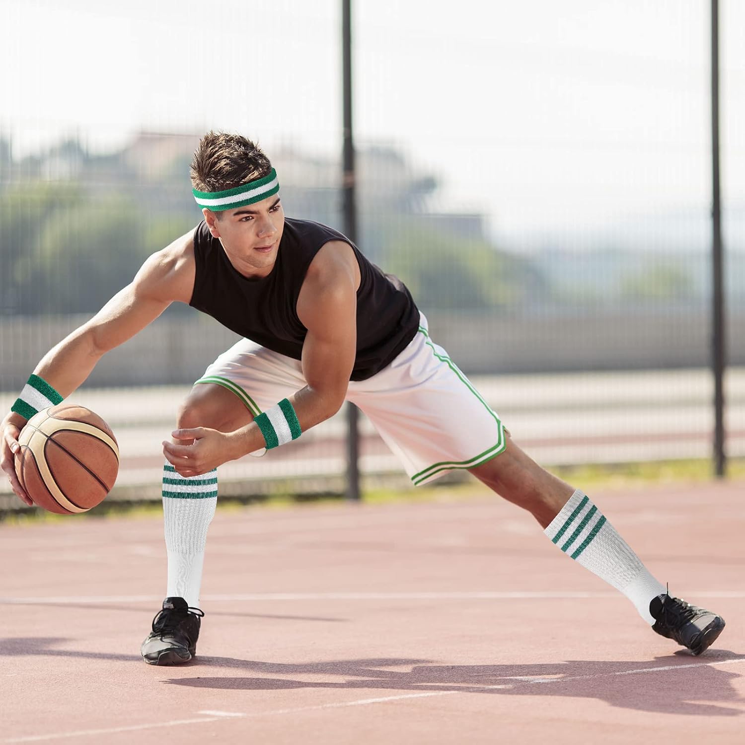 ONUPGO 5 Pieces Sweatbands Striped Socks Set Sports Headband Wristbands High Tube Socks 80s Accessories Costumes