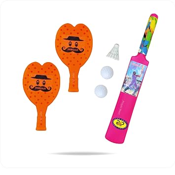 Cricket Bat Ball & Racket Set Combo for Kids with Easy-Grip Handle | Safe Non-Toxic | Indoor & Outdoor Play | Cricket-Kit for Kids | Tennis Racket | Age 1–4 Years (P/O)