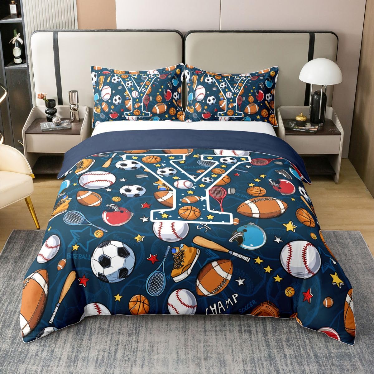 Housse de couette coton ado pour lit double thème balle et sport