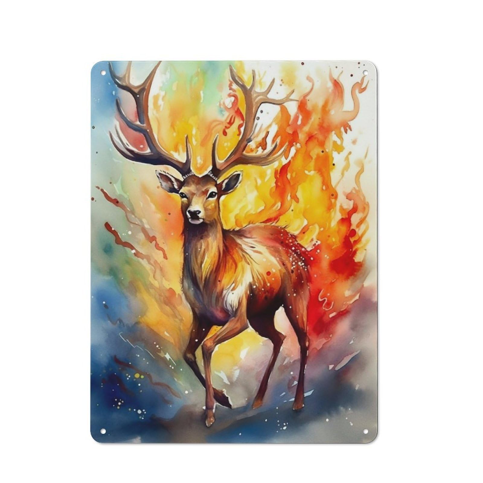 Junmoney Deer Fire Watercolors Vintage-Inspired Tin Sign 40X30cm For Café Or Restaurant, For Cooler-Month Interiors With Vintage Character