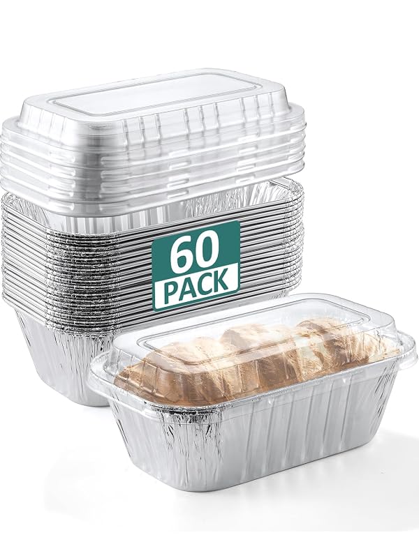 NEEBAKE 60 Pack 6x3.5x2 Disposable Aluminum Loaf Pans with Lids Small-Aluminum-Foil-Pans-Tin-Foil-Baking-Pans-Tin-Trays-Food-Containers-for-Baking-Cakes-Bread-Meat-Loaves by NEEBAKE - Used condition - US$15.83