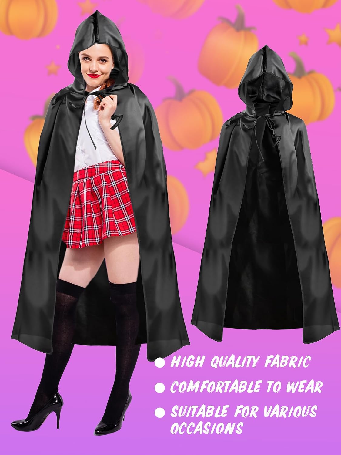 3 Pack Halloween Cloak Costume with Hood Black Witch Hooded Cape Cosplay Cloak Robe Costume for Adult Halloween Party Role Play Dress Up