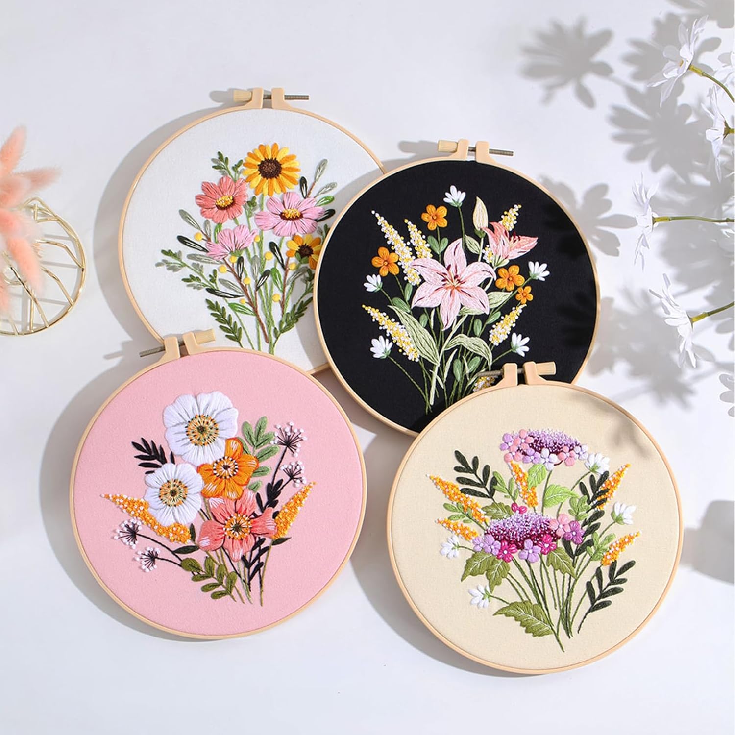 Picoey Flower Embroidery Kit for Beginners with Flower Pattern and Instructions,4 Pack Cross Stitch Kits,2 Wooden Embroidery Hoops,Threads and Needles,Needlepoint Kit for Adults