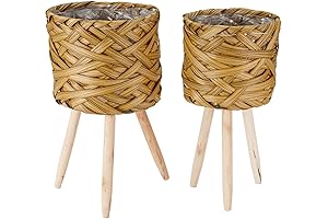 THY COLLECTIBLES Woven Planter Basket With Plastic Lining and Wooden Legs (Set of 2)