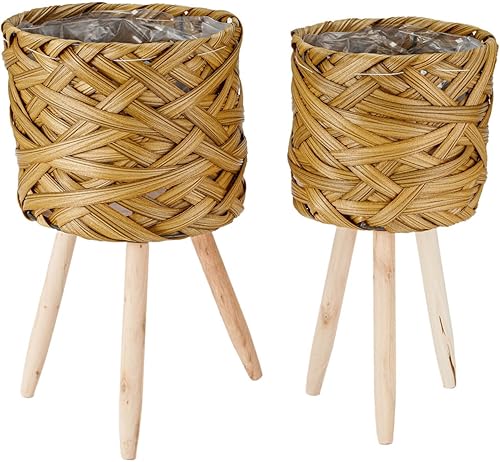 THY COLLECTIBLES Juego de 2 cestas tejidas para macetas con forro de plástico y 3 patas de madera, flores, juguetes de granja rústica (tejido grueso)