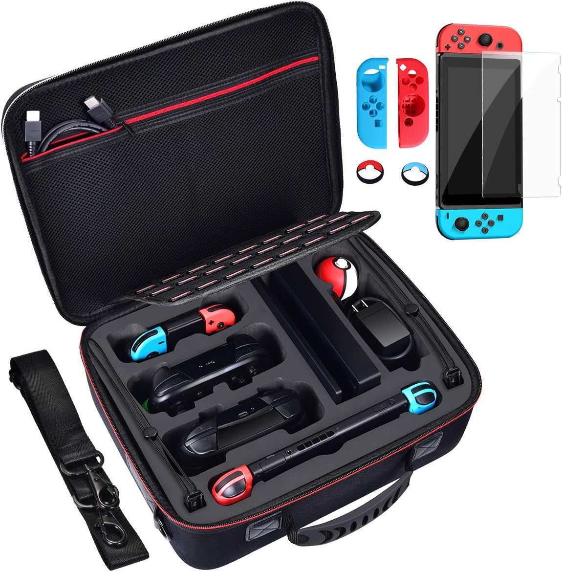 Diocall Deluxe Carrying Case for Nintendo Switch and Switch Oled 2021, Accessories Bundle Includes Screen Protector(For Switch, Not for Switch Oled 2021), Joy-con Silicone Case and Thumb Grips