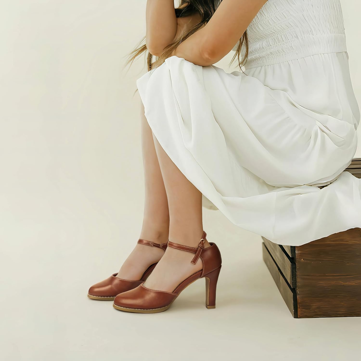 Womens Chunky High Heels Closed Toe Ankle Strap Pumps Vintage Shoes,COUTGLOWS-Brown-10 - Image 3