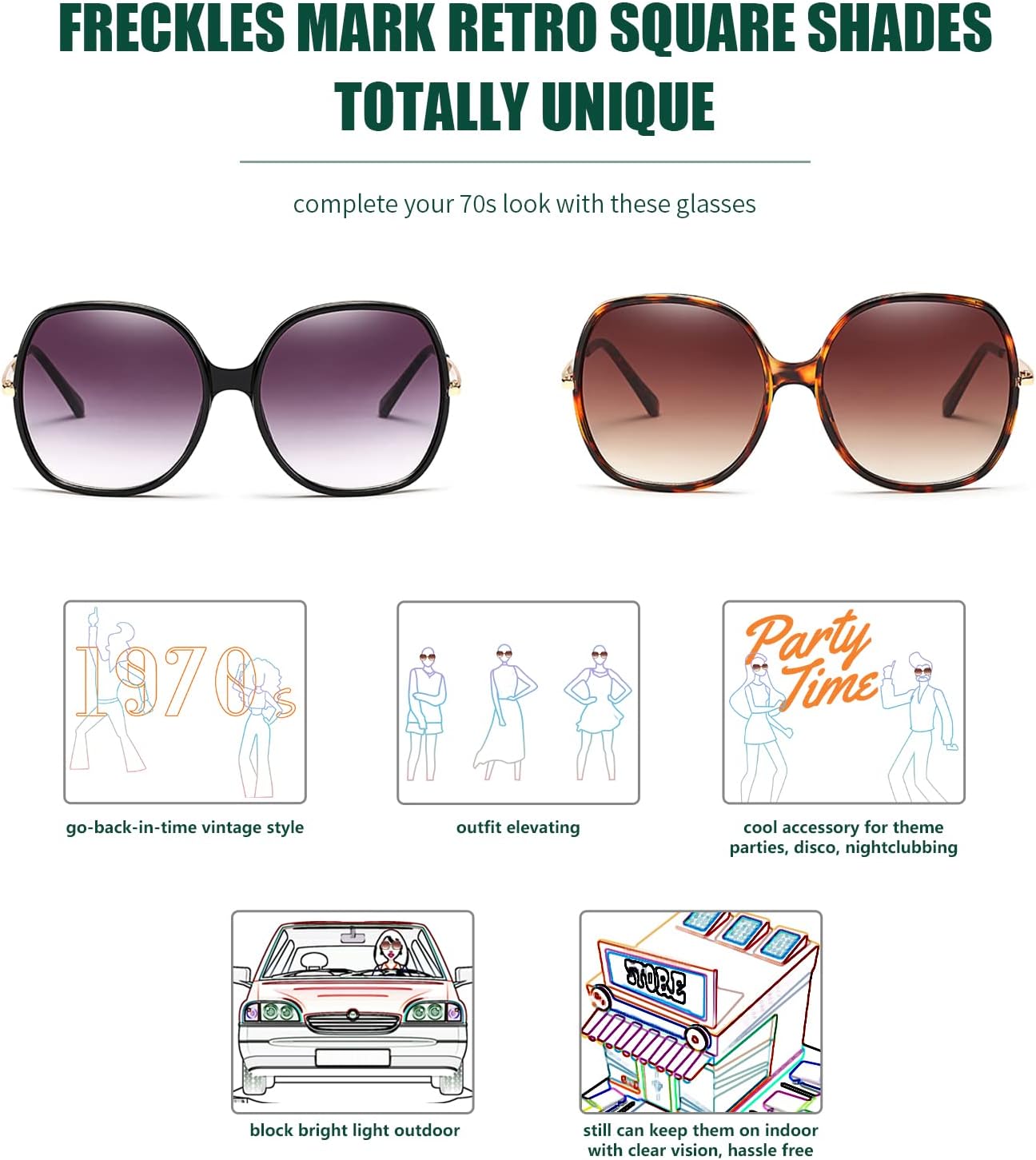 Freckles Mark 70s Super Oversize Square Sunglasses for Women Vintage Rectangular Plastic Frame - Image 4