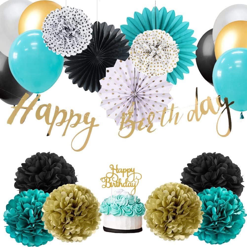 Easy Joy Teal Gold Birthday Decorations Baby Boy Birthday Decoration Women Birthday Paper Pom Poms Flowers Latex Balloons with Gold Happy Birthday Banner (Teal Gold White) …