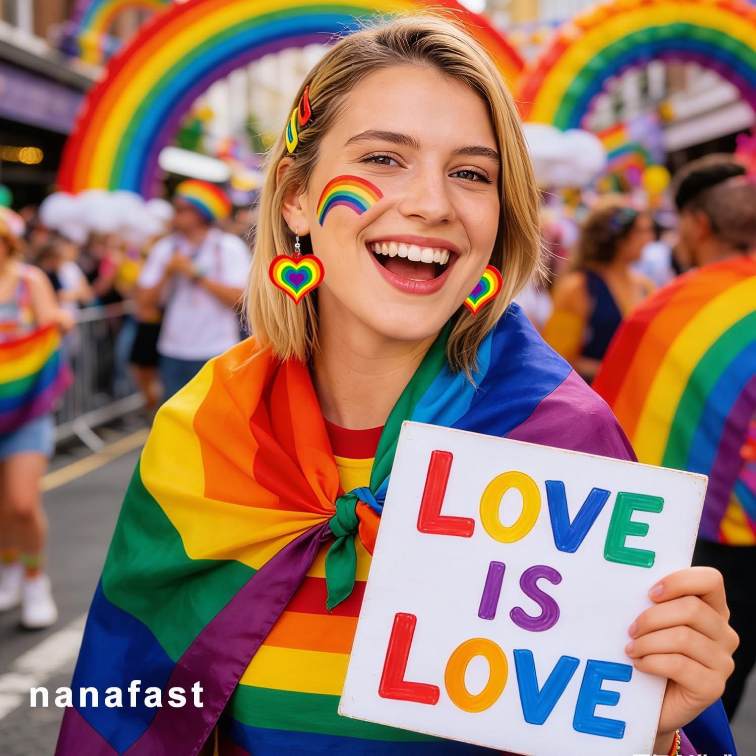 Nanafast Pride Rainbow Earrings for Gay and Lesbian, Acrylic Heart Rainbow Pride Earrings, LGBTQ Statement Jewelry - Image 3