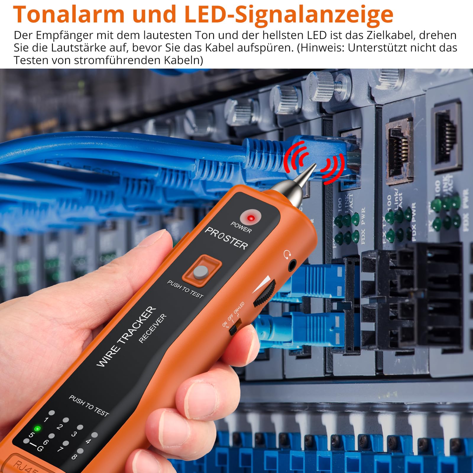 Proster Netzwerkkabel Wire Tracker XQ 350 mit Kopfhörer Hochempfindlicher Handheld Telefonkabeltester Wire Tracker für LAN Ethernet BNC RJ45 RJ11 Tester -Orange