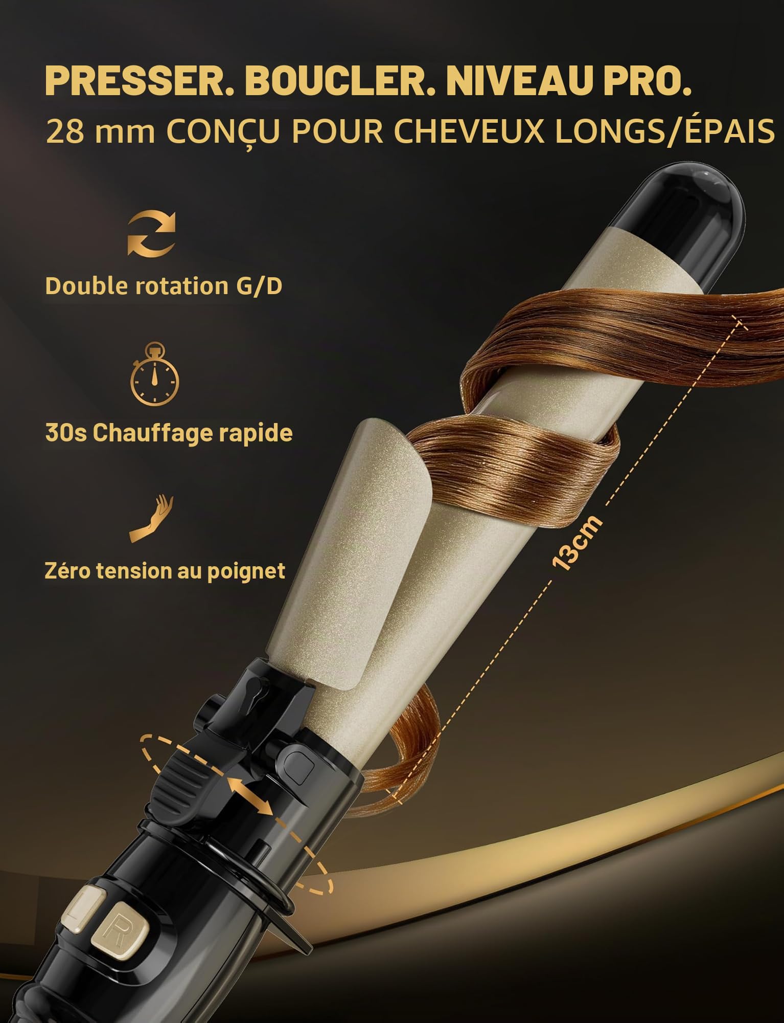 Boucleur À Cheveux Automatique 28mm - Fer À Boucler Automatique Pour Grandes Boucles Avec 14 Niveaux De Chauffage (100-230 °C), Écran LED, Chauffage Rapide En 30 Secondes, Arrêt Automatique