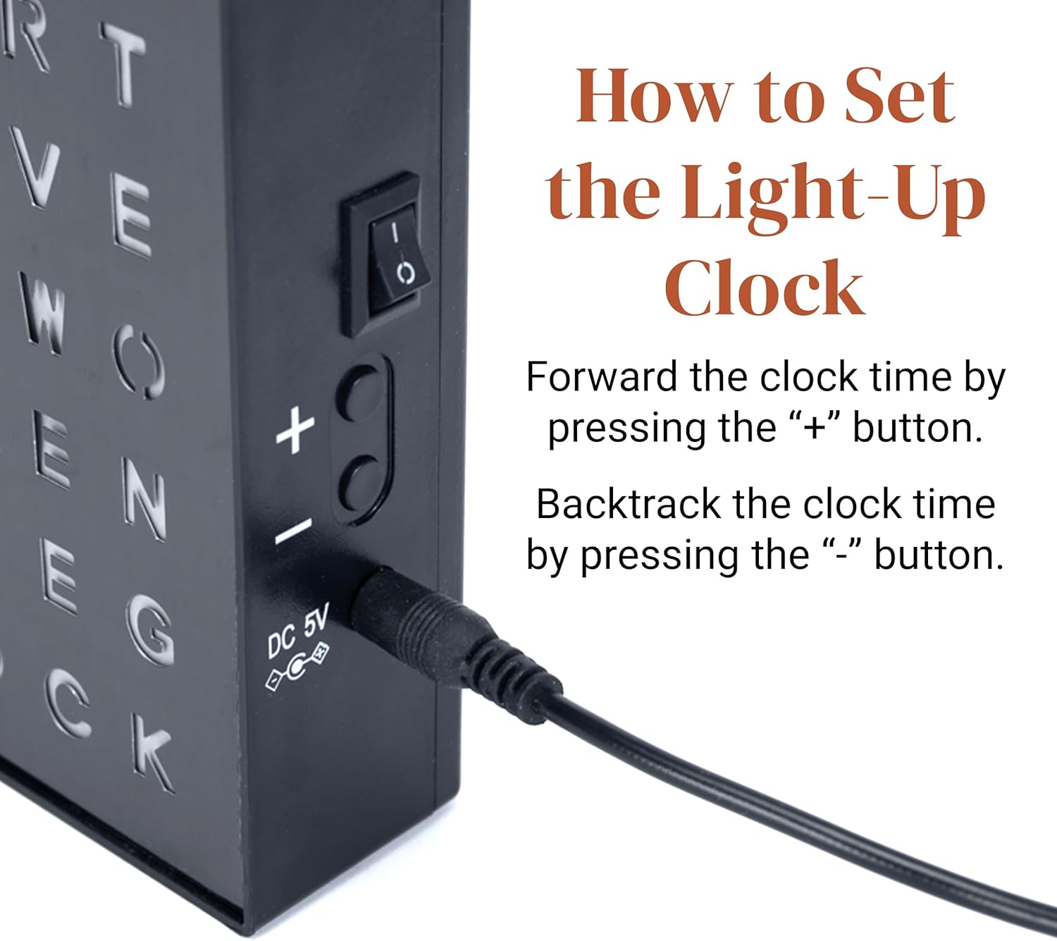 Stiles Word Clock, 8" by 8" Modern LED Desk Clock with USB Cable, Aluminum, Unique with Words, Contemporary, Living Room, Bedroom, Home, or Office Lightup Decor, Gift Item, Black