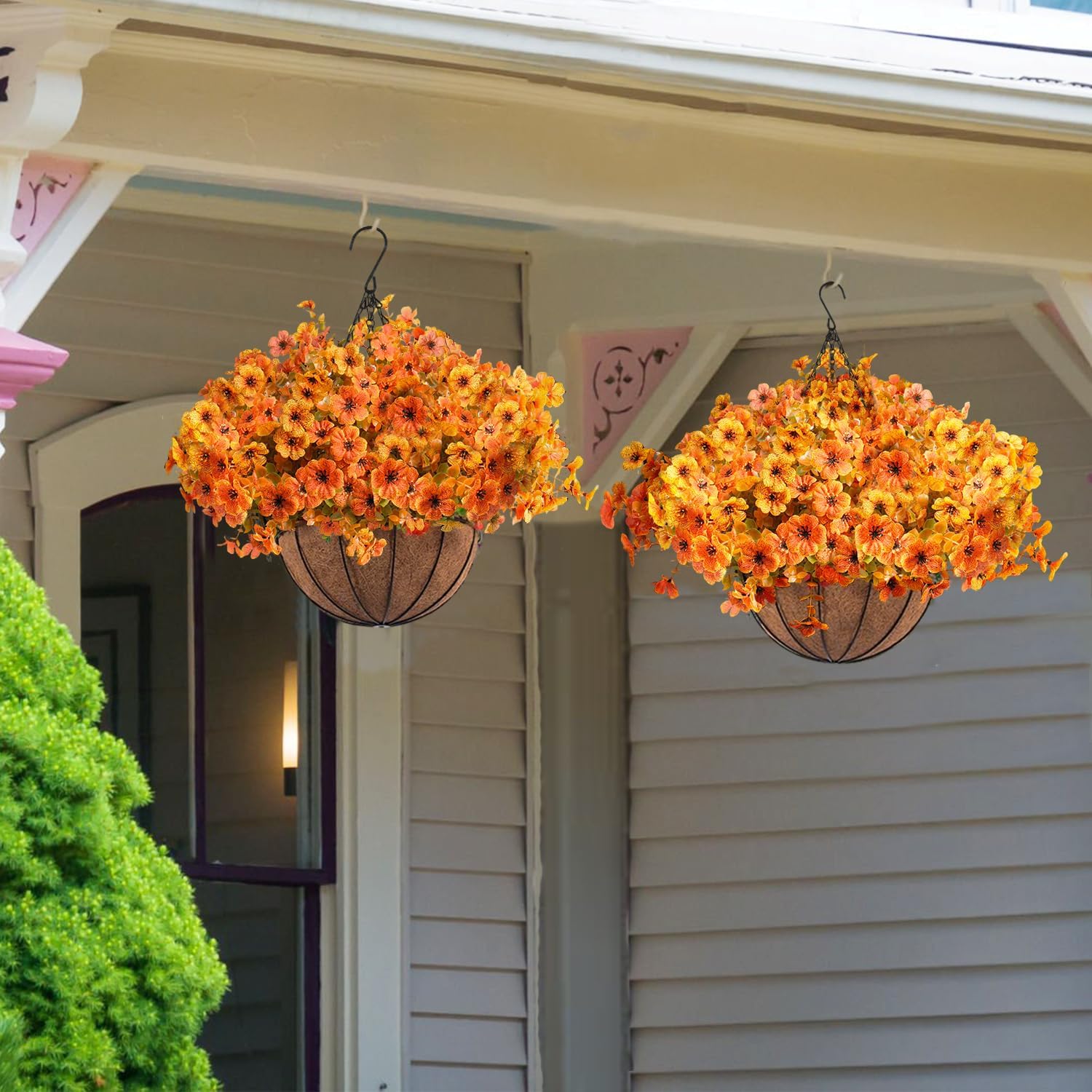Orgrimmar 2 Pack Artificial Fall Mums Hanging Basket - UV Resistant Fake Hanging Plants with Realistic Silk Mums & Eucalyptus, Coconut Lining Baskets for Home Porch Balcony Patio Yard (Orange) - Image 6