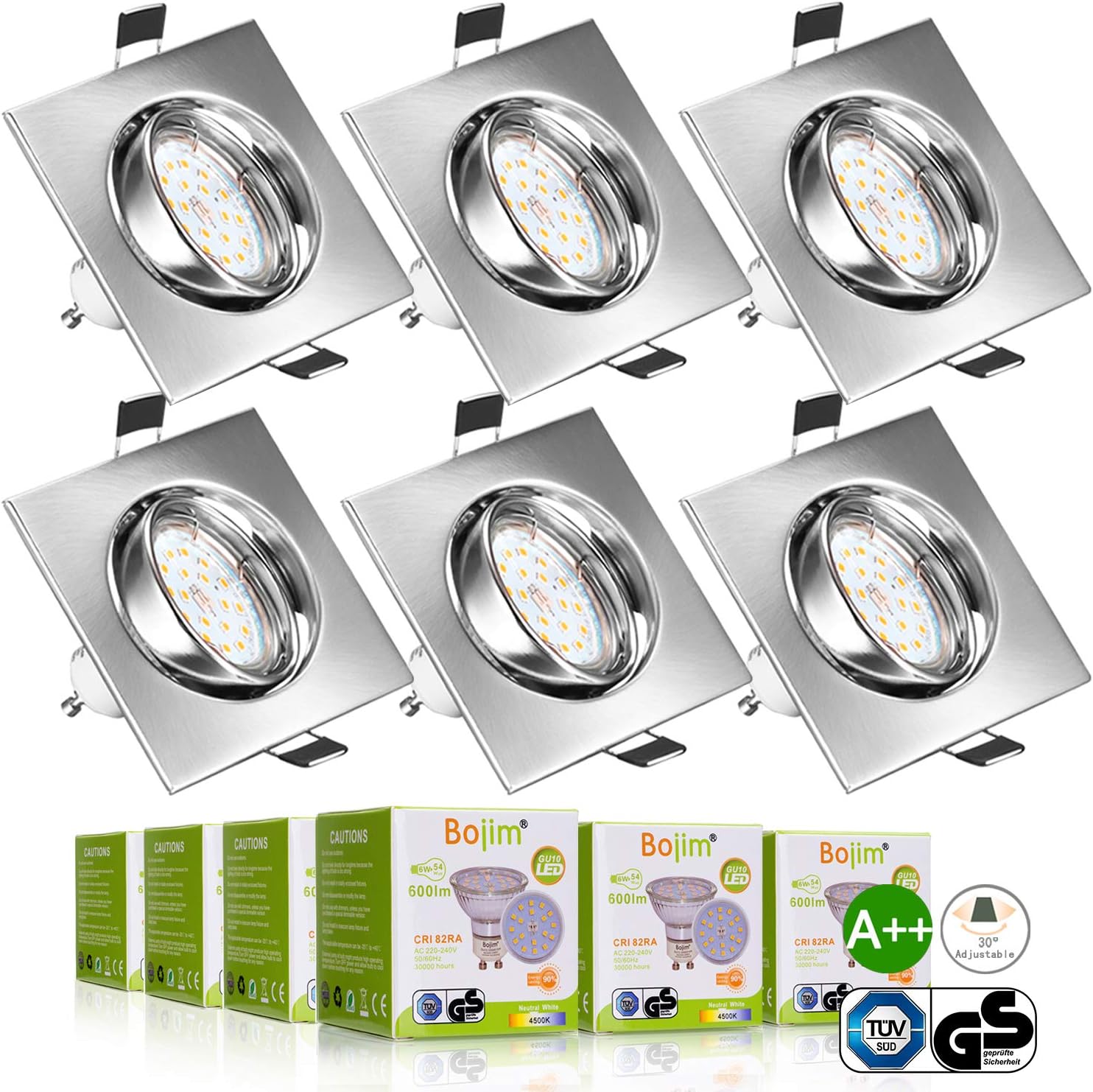 LED Recessed Ceiling Lights Square, Bojim 6X GU10 Adjustable Downlights for Ceiing 6W = 54W Cool White 4500K 600lm 82Ra IP20 Spot Lights for Living Room Bedroom Kitchen (LED Bulbs Included)