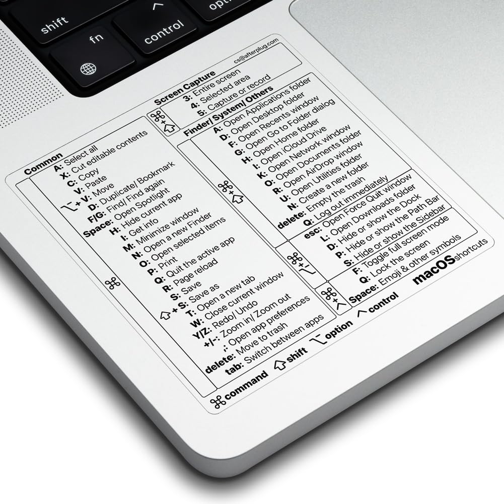 Mac OS Keyboard Shortcuts Sticker, 50+ Shortcuts for 13-16 inch MacBook Pro & Air (Sky Blue, Space Gray, Silver & Starlight Only), Residue-Free Vinyl, Clear with Black Text, 1-Pack