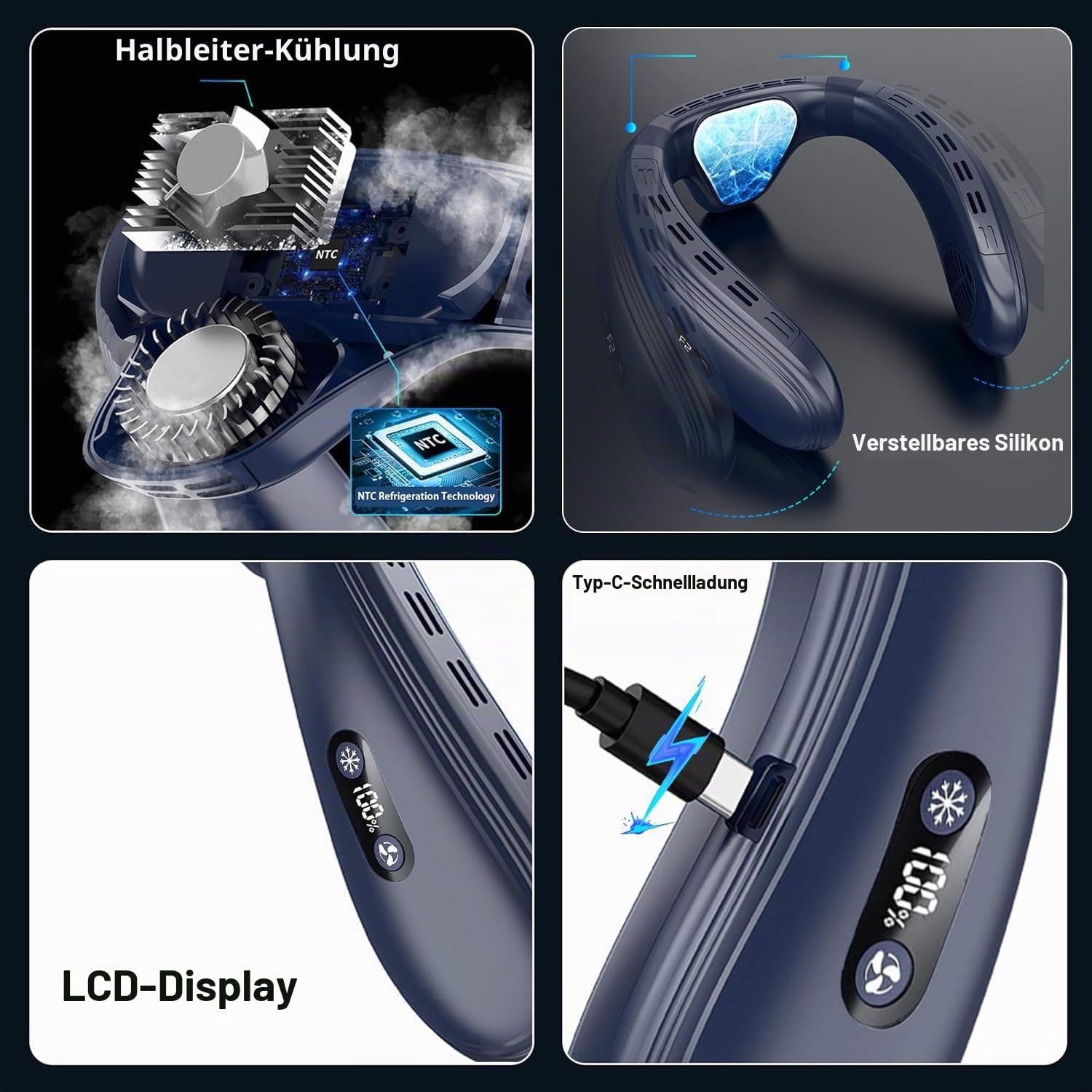 Nackenventilator mit Extragroßer Kühlplatte, Tragbarer Klimaanlage Mobile 4-Turbo Mini Ventilator Halbleiter Kühlung Innovativer Luftauslass Hinten mit LCD-Anzeige, 3 Speed für Reisen Sport Außen