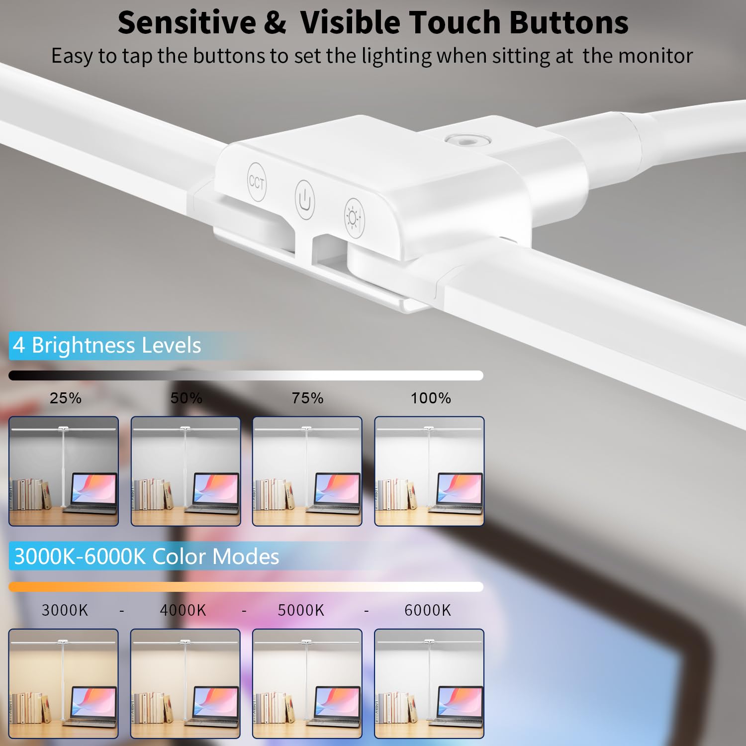 KableRika Lámpara de escritorio de doble cabeza LED regulable, lámpara de escritorio brillante con pinza para oficina en casa, lámpara de cuello de cisne para proteger los ojos con 4 modos de color y