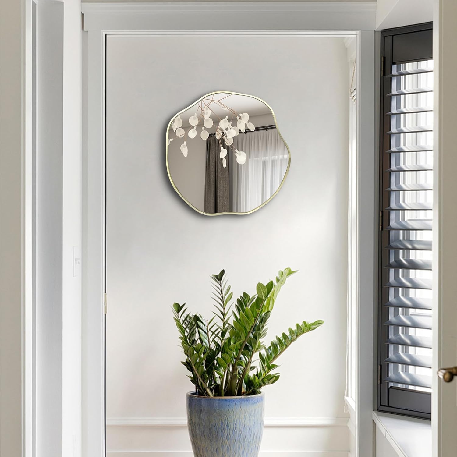 POZINO Irregular Shaped Mirror, 16" Asymmetrical Mirror, Gold Scalloped Rounded Mirrors, Modern Frameless Abstract Mirrors for Living Room Bedroom Bathroom Entryway Fireplace Hallway