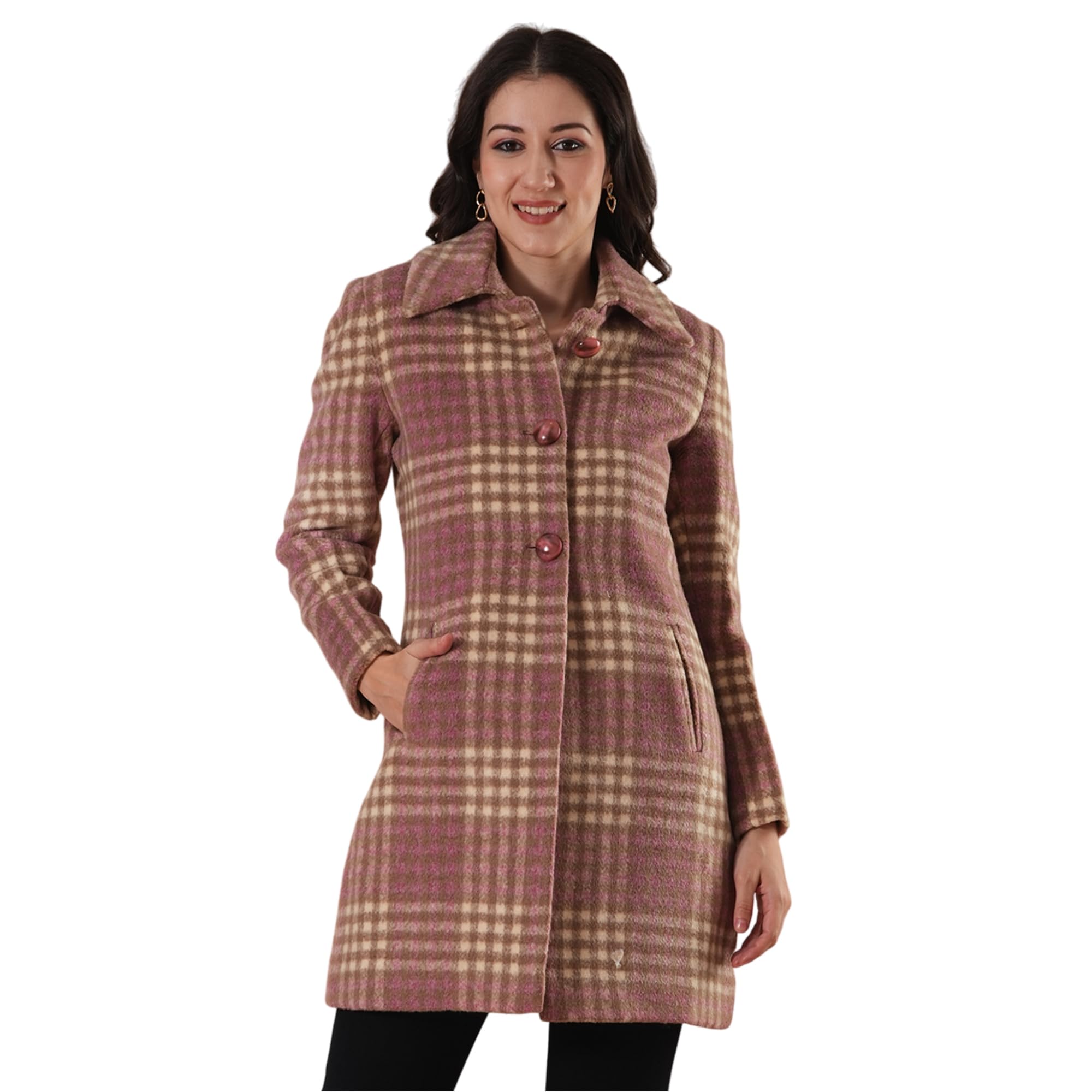 globus Women Spread Collar Long Sleeves Faux Fur Trim Checked Self Design 2 Pockets Tailored Fit Winter Wear Overcoat-picture-33