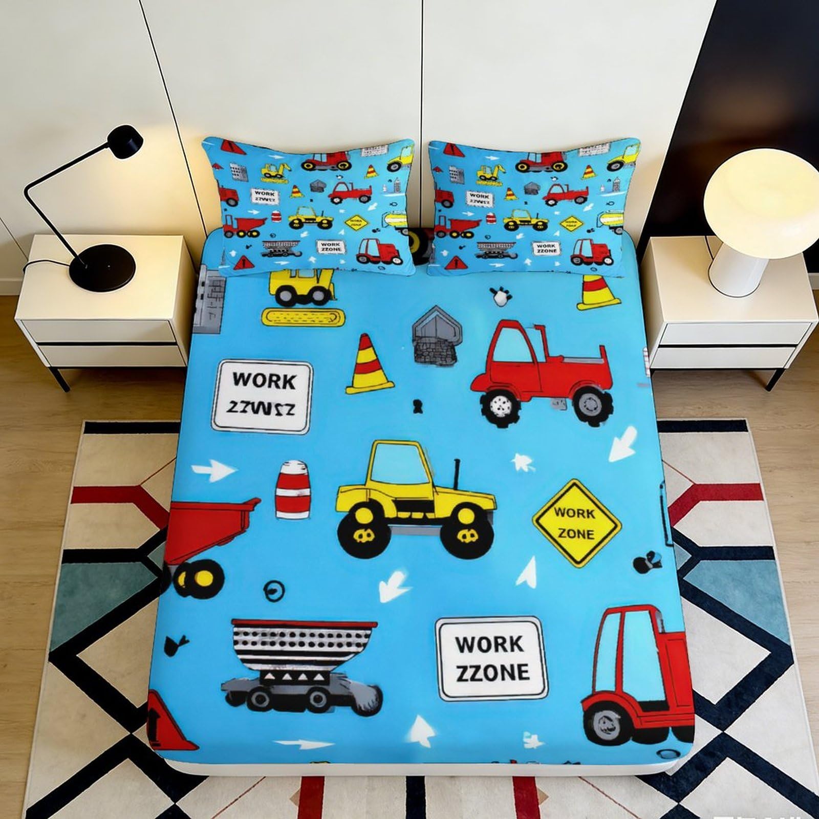 3D Printed Construction Vehicles Fitted Sheet Microfiber Soft Blue Road Signs Bed Cover for Bedroom Dorm Decor Protection 90x200x25cm