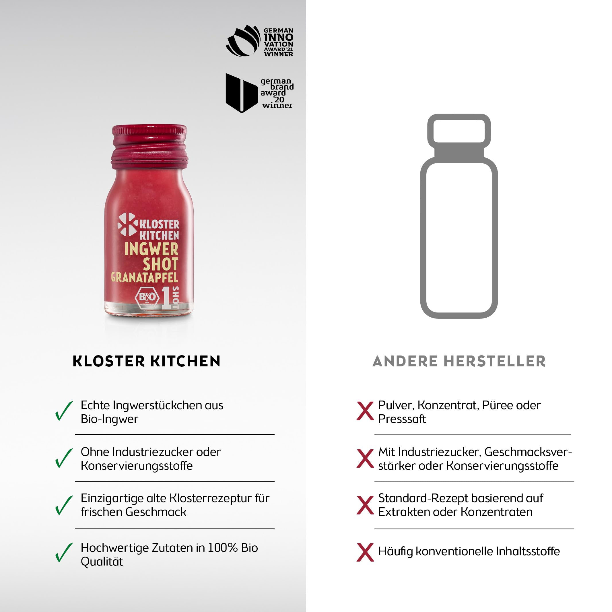 Kloster Kitchen Bio Gingembre Shot Grenade 1SHOT 28 x 30 ml avec des morceaux de gingembre | Shot de gingembre végétalien en bouteille en verre | Sans additifs & avec douceur naturelle