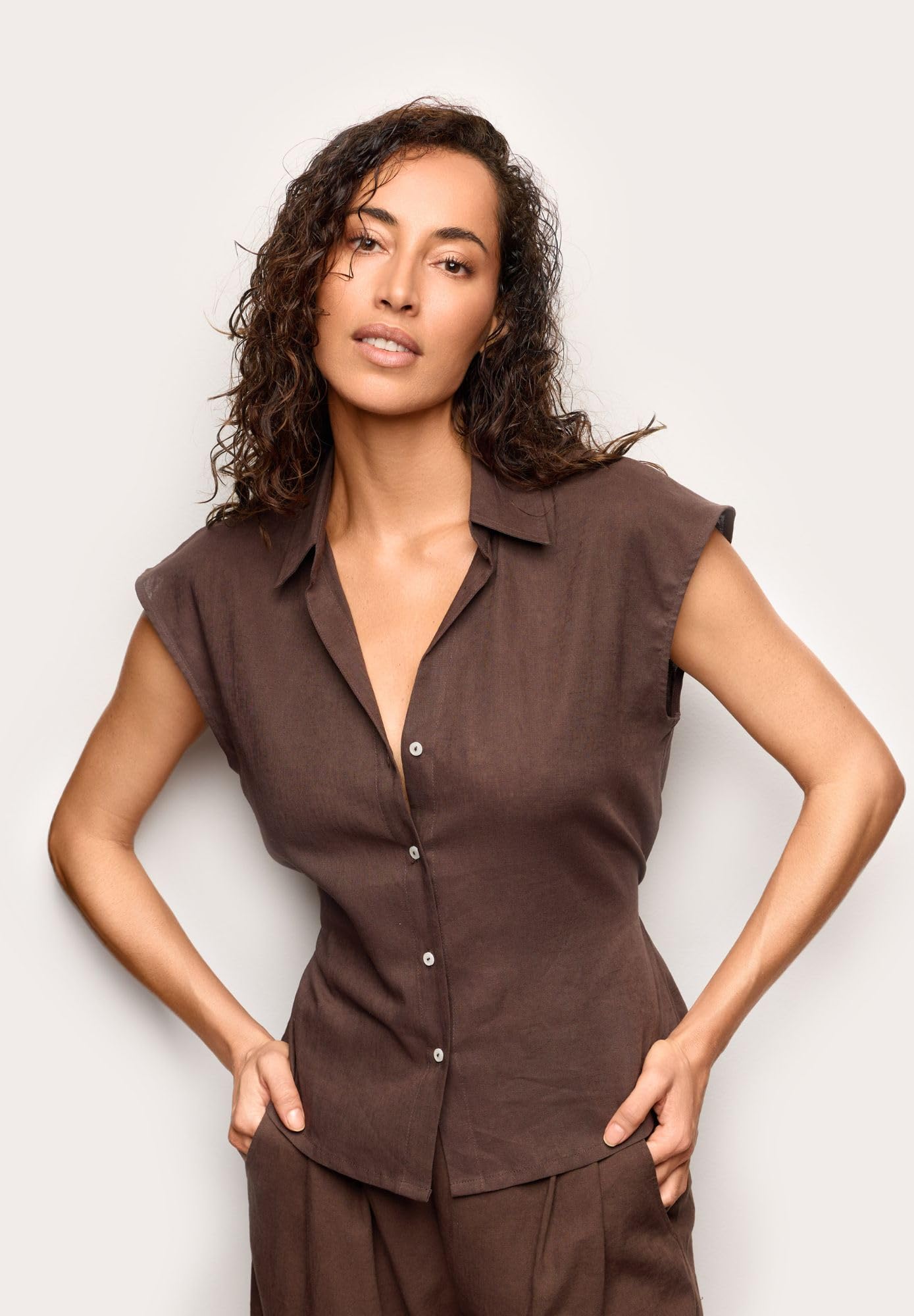 YAMAMAY - Camicietta Maniche Corte, Donna, Linen Viscose, Bianco, monocromo