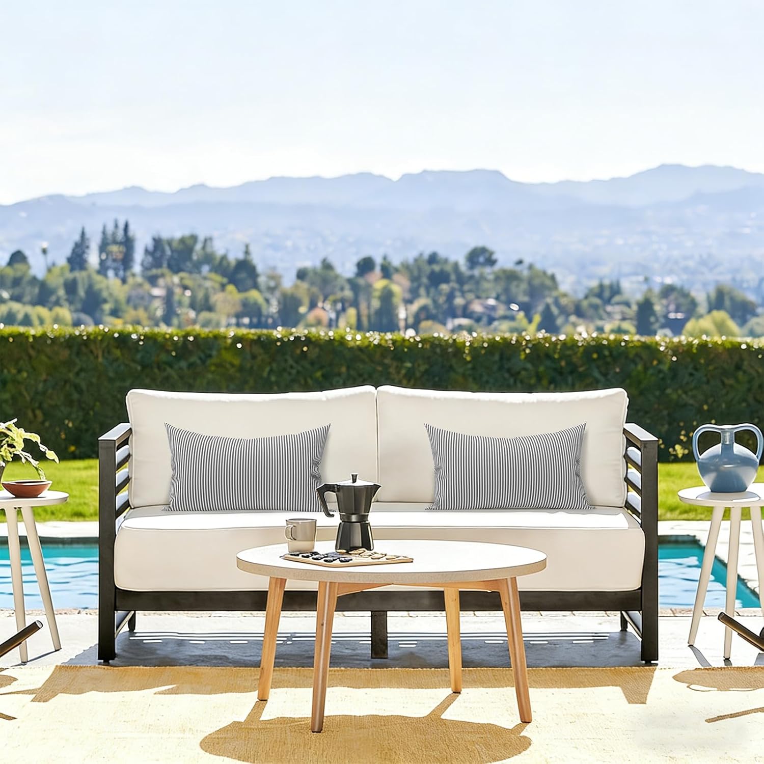 LVTXIII 12×20 Inch Outdoor Lumbar Pillows, Pack of 2 Water Repellent Lumbar Pillow with Inserts, Fluffy Decorative Garden Lumbar Cushions for Home Patio Coach Sofa Use, Topanga Stripe Grey