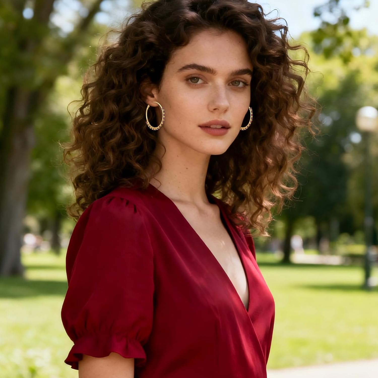 Large Beads Hoop Earrings for Women 18K Gold Plated Handmade Big Hoop Earrings Gemstone Jewelry for Wife Mother