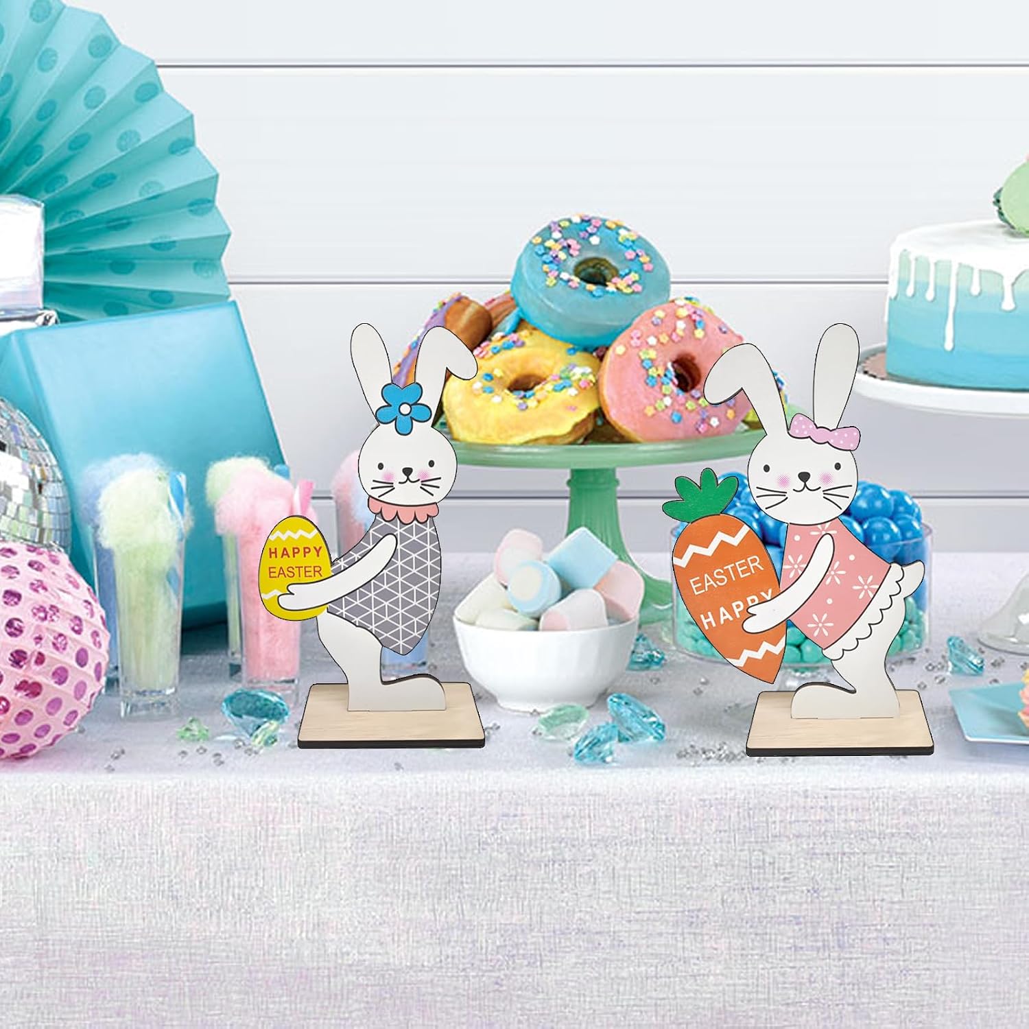 2Pcs Wooden Easter Bunny Table Decorations, Eco-friendly & Craftsmanship, Multicolor, Traditional Style, Tabletop Display, Wipe Clean Care