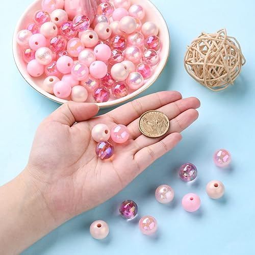 Miniatura 3 de KitBeads 100 cuentas gruesas rosadas aleatorias de 0.631 pulgadas de estilos mixtos, cuentas de goma de mascar de plástico con forma de bola redonda