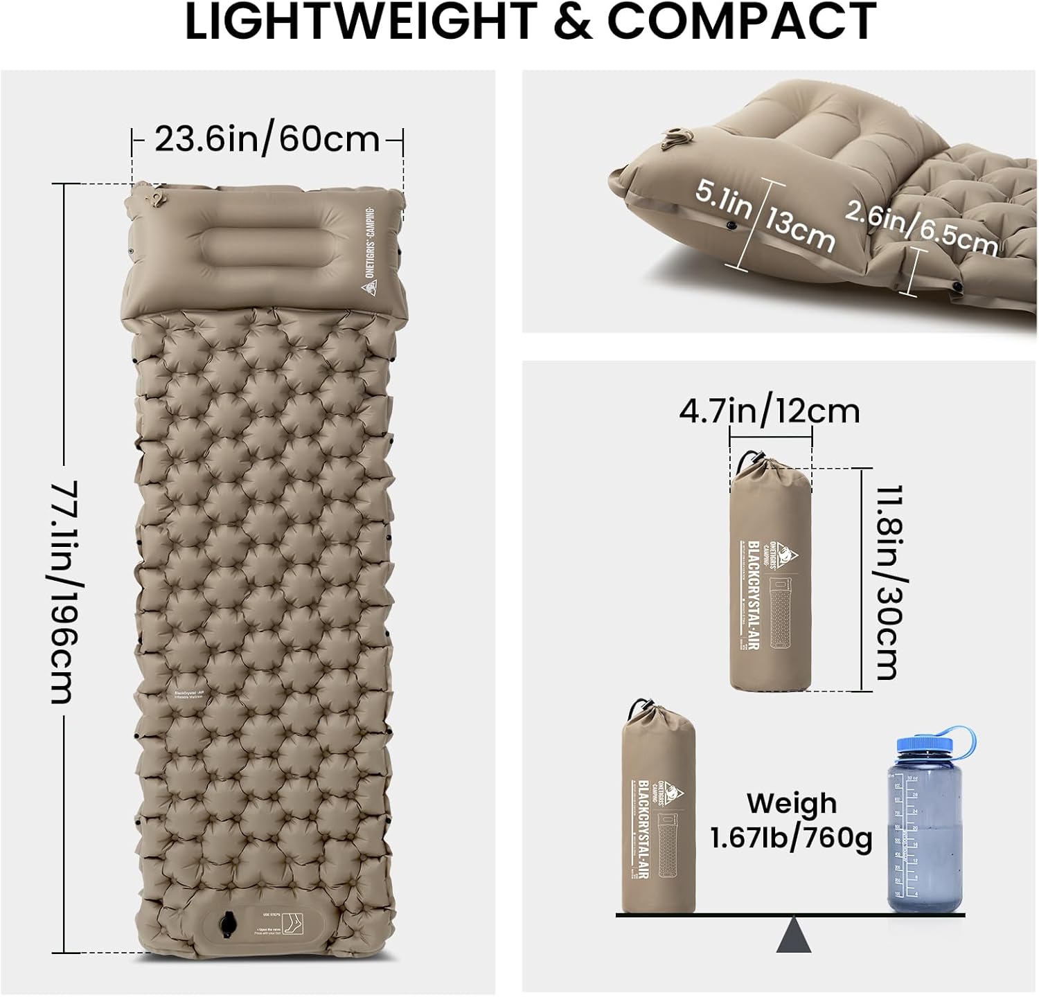 ONETIGRIS BLACKCRYSTAL Camping Sleeping Pad with Built-in Foot Pump, Inflatable Sleeping Pad with Built-in Pillow, Connectable Camping Air Mattress for Backpacking, Hiking,Tent Camping, Lightweight