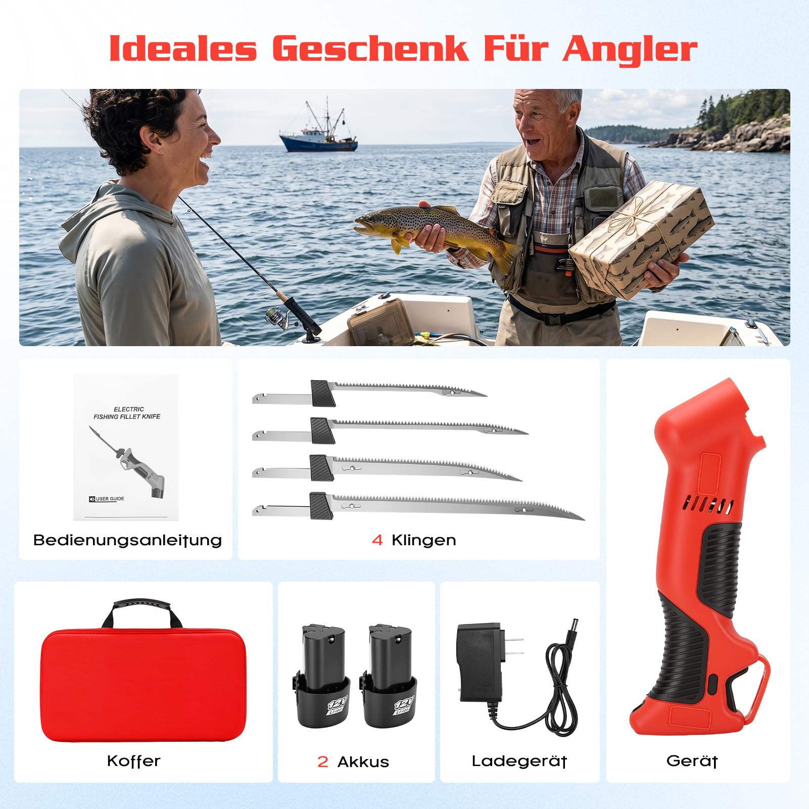 Elektromesser Kabellos Elektrisches Messer Filetiermesser mit 4 Hochkohlenstoffstahl Klingen 26–39cm 2 Akku Rutschfester Griff Sicherheitsschalter Angelbedarf Camping Set mit Koffer