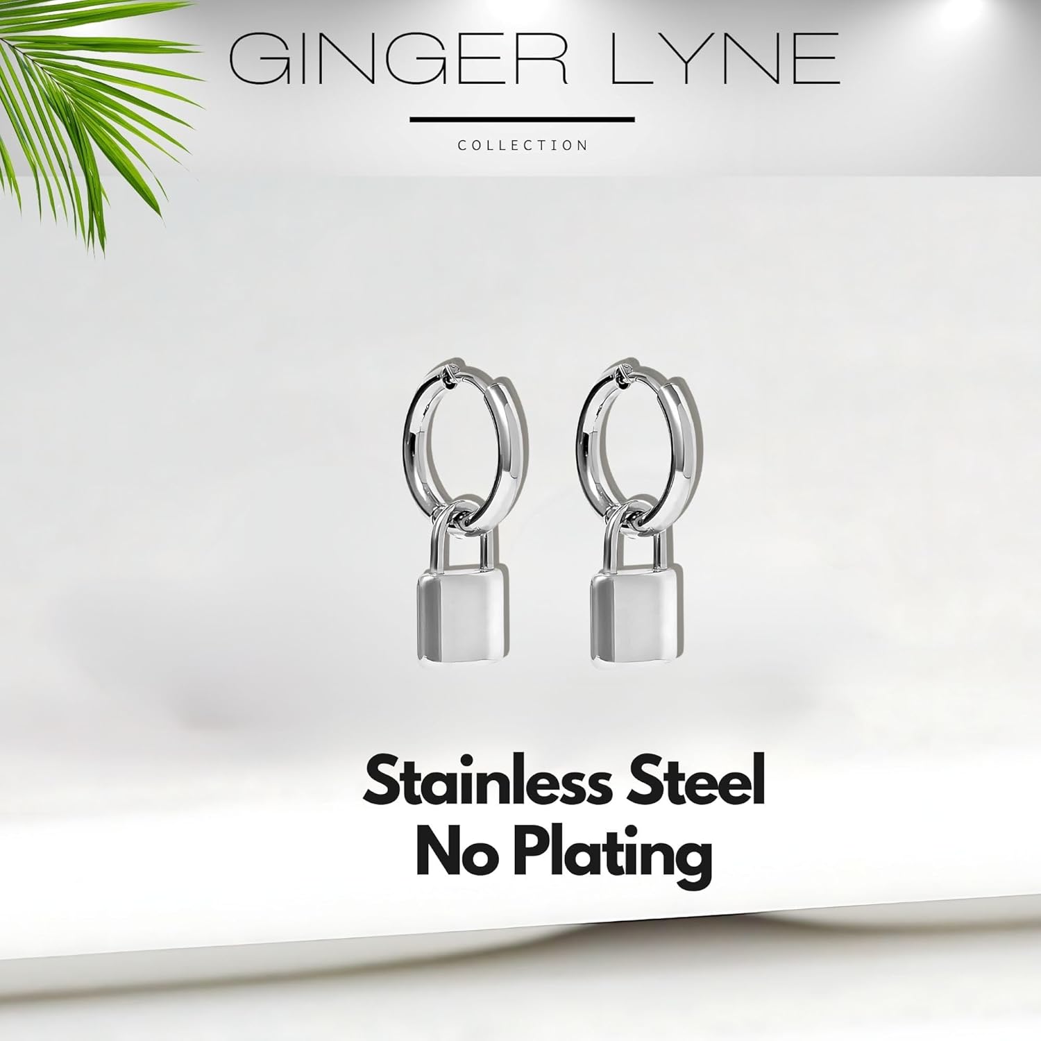 Padlock Dangle Pendant Hoop Earrings for Women by Ginger Lyne | Distressed Finish Stainless Steel Gold or Silver Tone Chunky Dangle Statement Ear Rings | Bold Fashion Jewelry