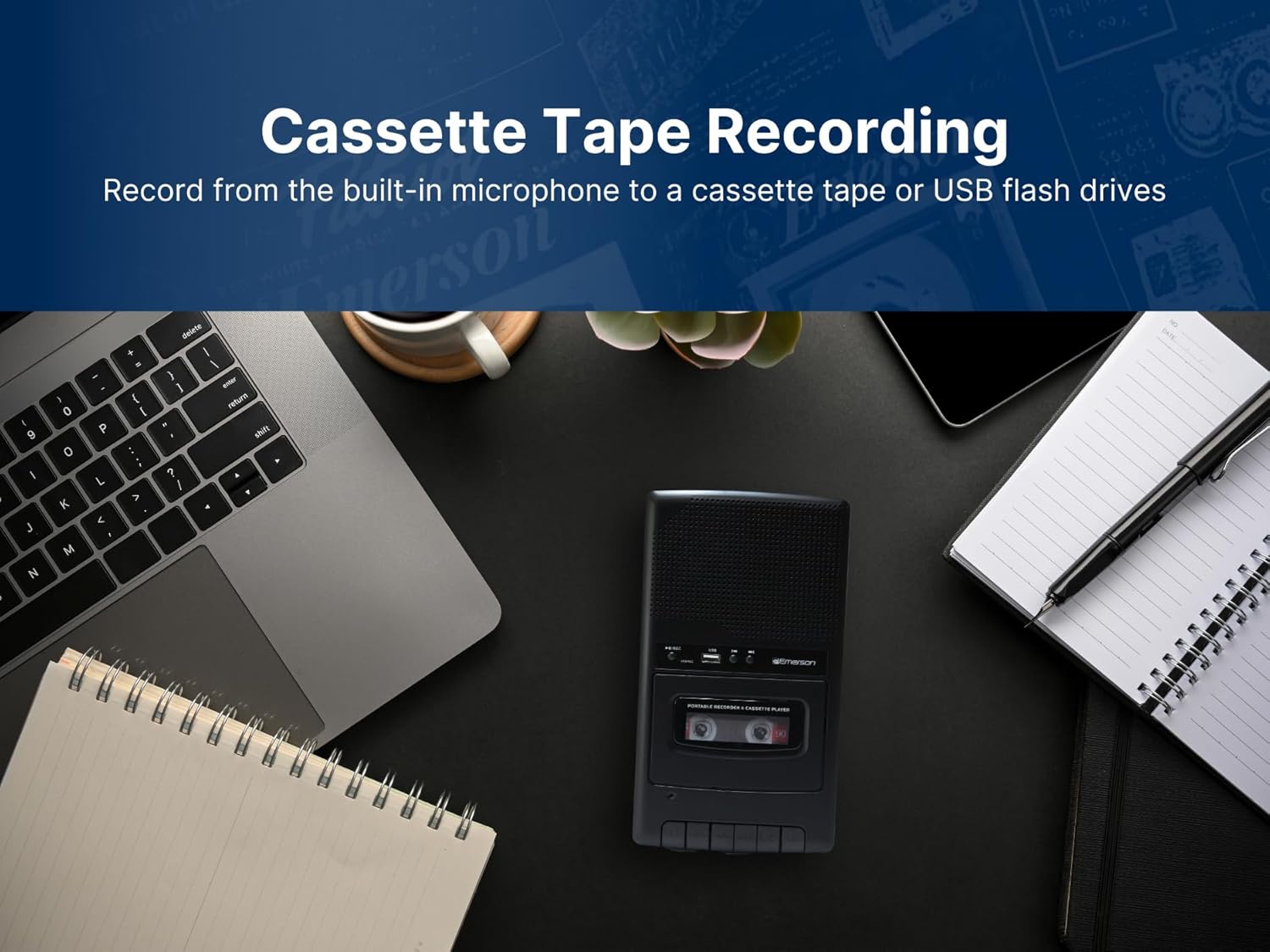 Emerson EPC-3000 Portable Cassette Player and Recorder with Built-in Speaker, Microphone, AM/FM Radio, and 4-Way Power Supply – Perfect for Playback, Recording, and Retro Music Lovers
