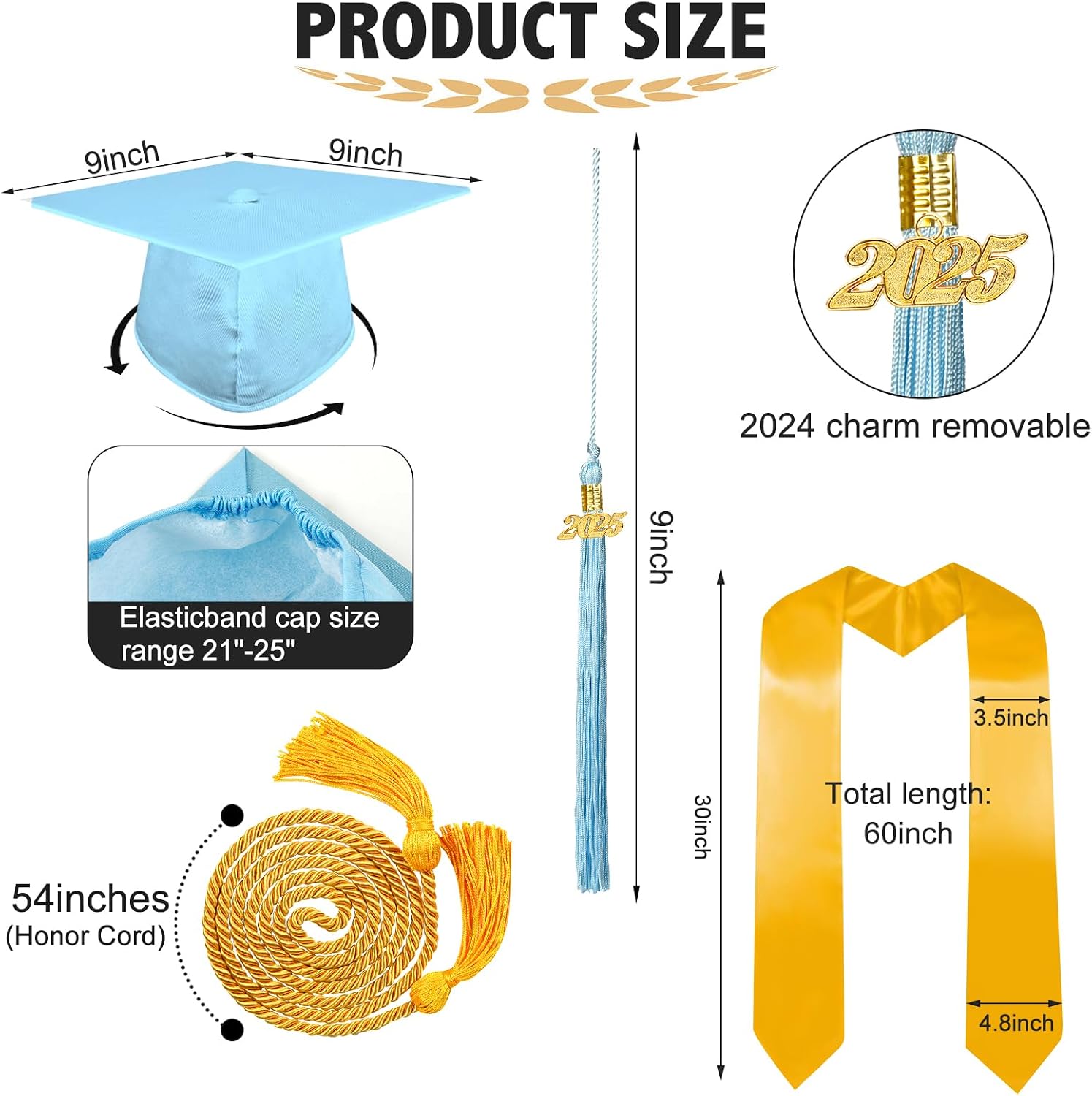 Matte Graduation Cap and Gown Set with Tassel 2026 Charm Honor Cord Graduation Stoles for High School College Bachelor Sky Blue-54
