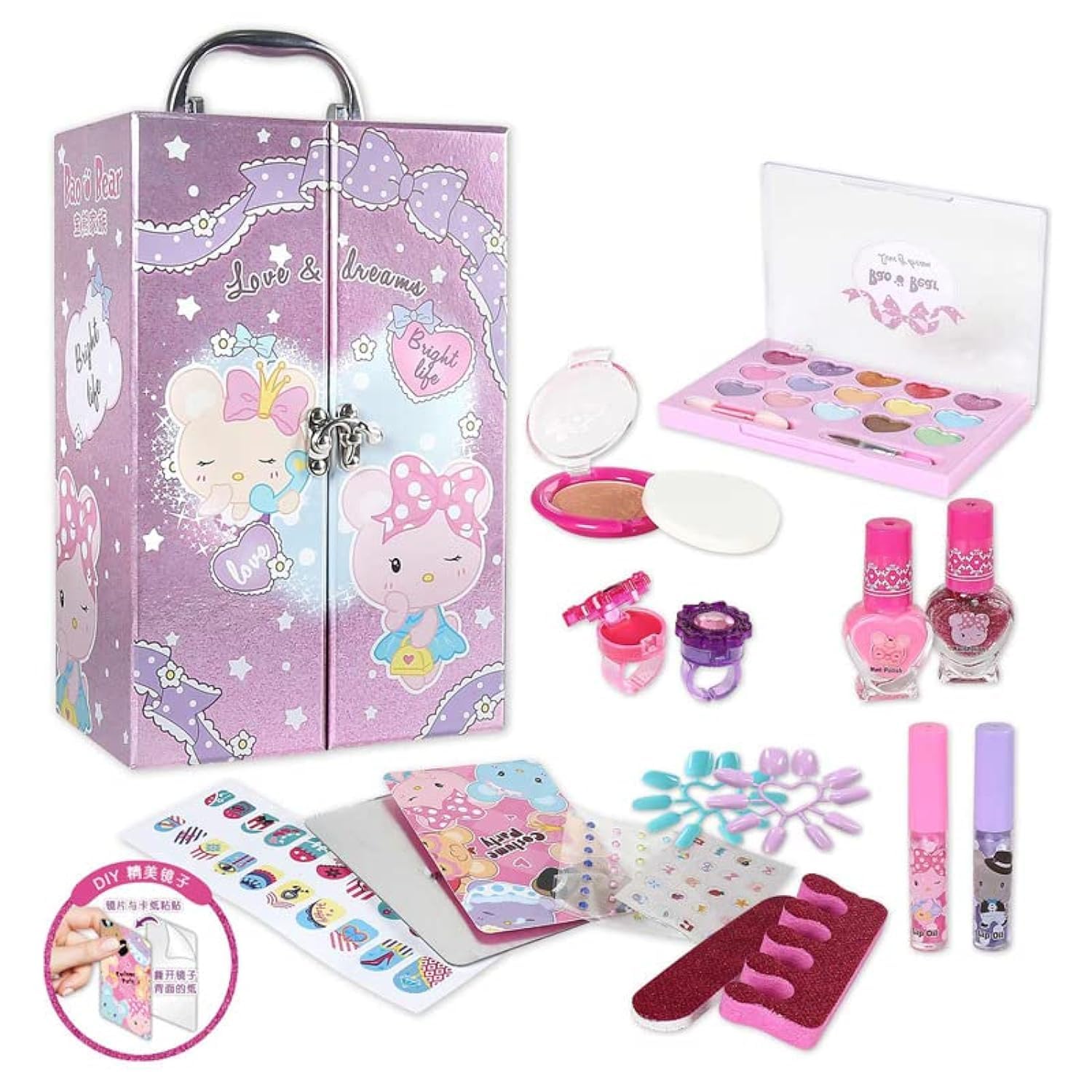 AMERTEER Kids Makeup Kit for Girl | Washable Real Makeup Box with Lipsticks Brushes Mirror Safe Non Toxic Pretend Play Makeup Toy Set Children Cosmetics Box for Christmas Birthday Gift Toddlers