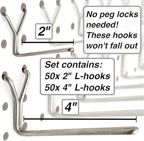 Miniatura 2 de Ganchos para tablero de clavijas, paquete de 100 ganchos de 2 pulgadas + 4 pulgadas de L, chapados en zinc, no se caen, se adaptan a cualquier