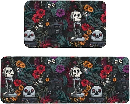Antifatigue Kitchen Mats for Floor 2 Piece - Tropical Robot Print Kitchen Rugs Washable, Non Slip Runner Rug Standing Mat for