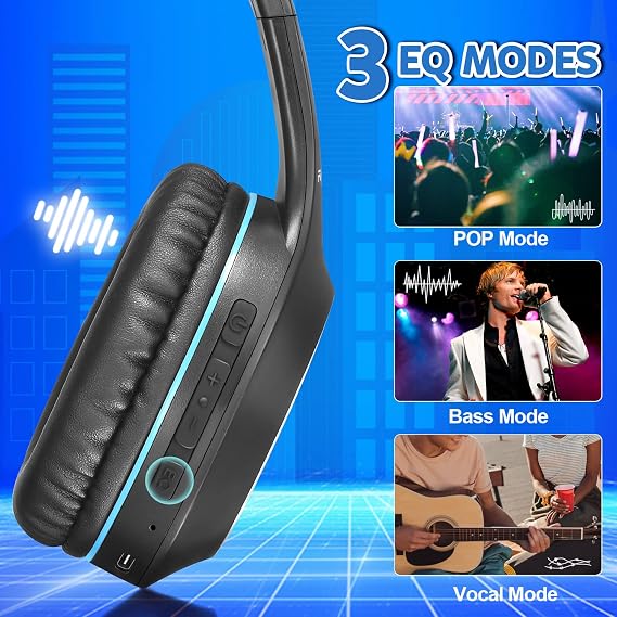 Rydohi Bluetooth Headphones Over Ear, 68H Playtime and 3 EQ Music Modes Wireless Headphones with Microphone/Deep Bass, HiFi Stereo Foldable Lightweight Headset for PC Home Travel Office (BLACK-BLUE)