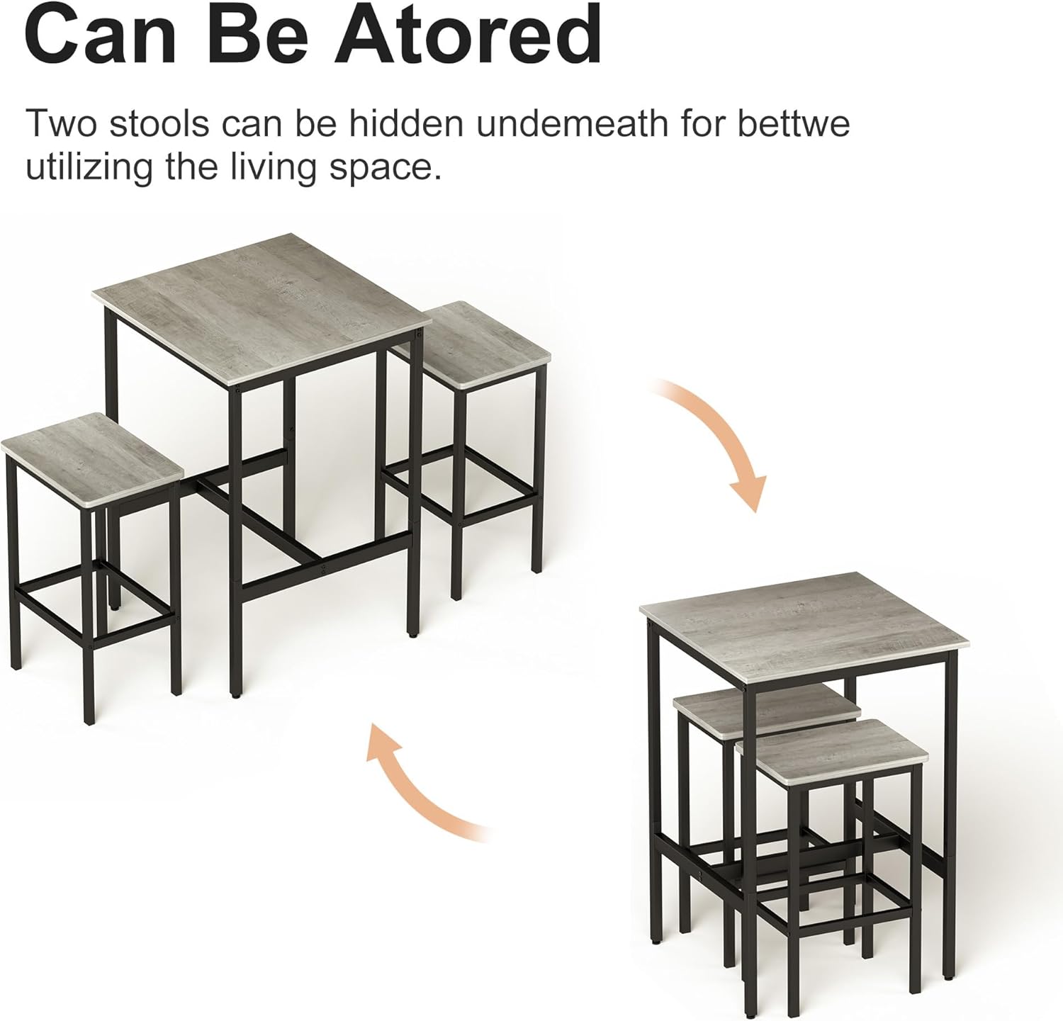 Elevon Dining Table Set for 2, Square Bar Table with 2 Bar Stools, Industrial for Kitchen High Table and Chairs Set with Metal Frame for Small Space, Dining Room, Apartment, Easy Assembly, Gray