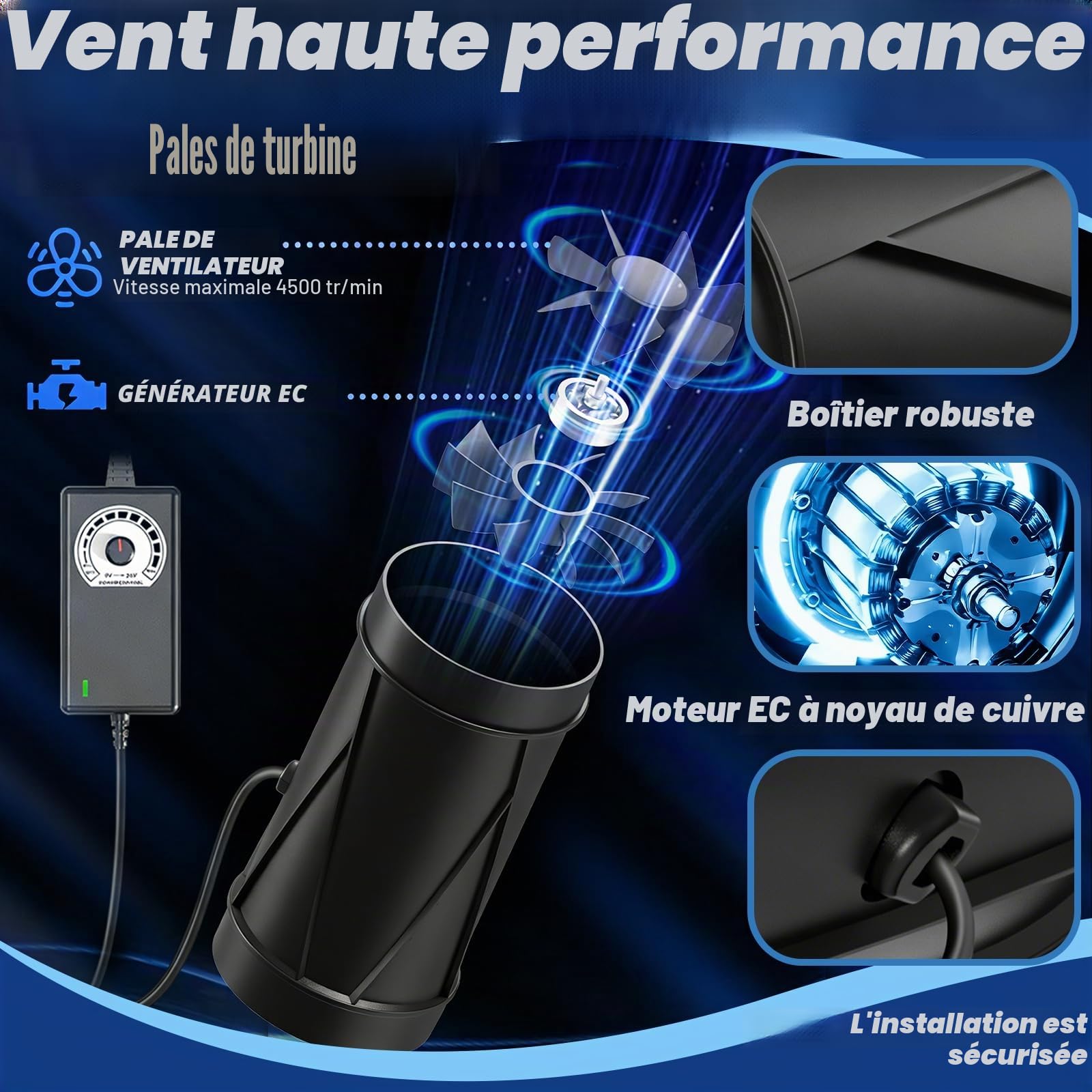 Extracteur D’air 150 mm, Ventilateur De Conduit 587 m³/h Avec Variateur De Vitesse 22W Économie D’énergie 3000 RPM Silencieux Ventilateur En Ligne Pour Tente De Culture Sous-sol Cuisine Salle