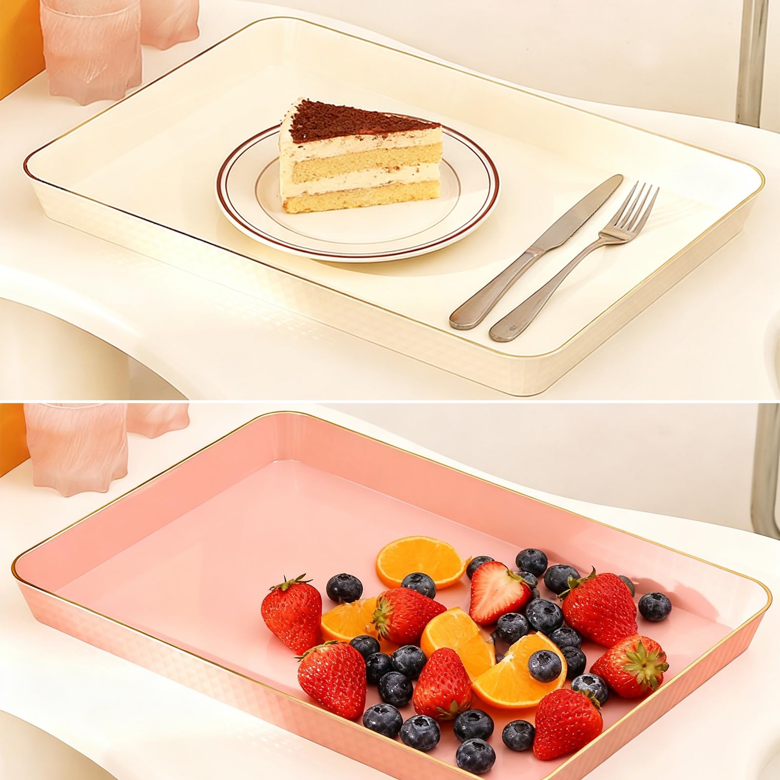 Juego de 2 Bandejas Decorativas, Bandeja Plastico, Impermeable y Antideslizante, Ideal para Postres y Artículos de Aseo(Pink,35x50CM/14x20x1.6IN)