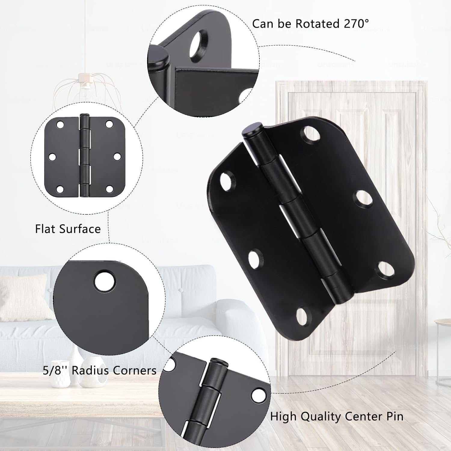 40 Pack Matte Black Door Hinges 3x3 Inch Interior Door Hinges for Doors Rounded 5/8" Radius Corners Iron Hinge Door Round Hinge Hardware