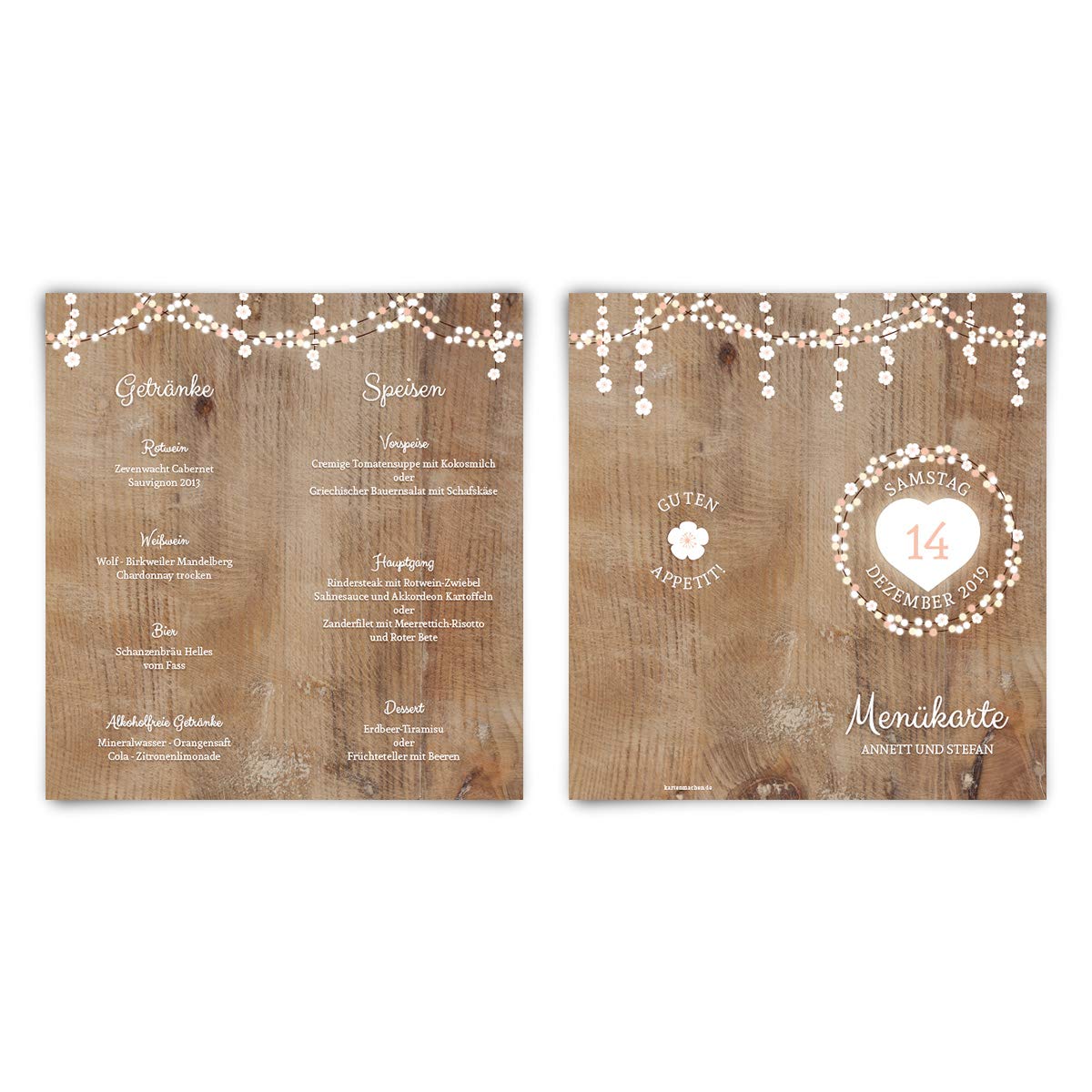 50 x Menükarten Hochzeit Menü individuell Klappkarten Speisekarten Getränkekarten - Holz Lichtgirlande