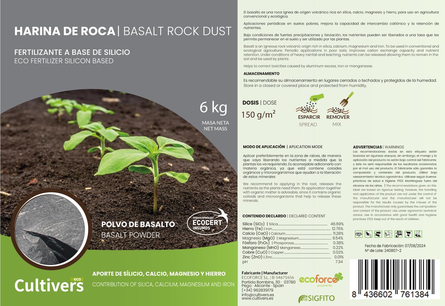 CULTIVERS Farine de roche de 2 x 1 kg Poudre de Basalte Engrais écologique à base de silicium qui apporte des micro-éléments pour tout type de plantes. Force Stone
