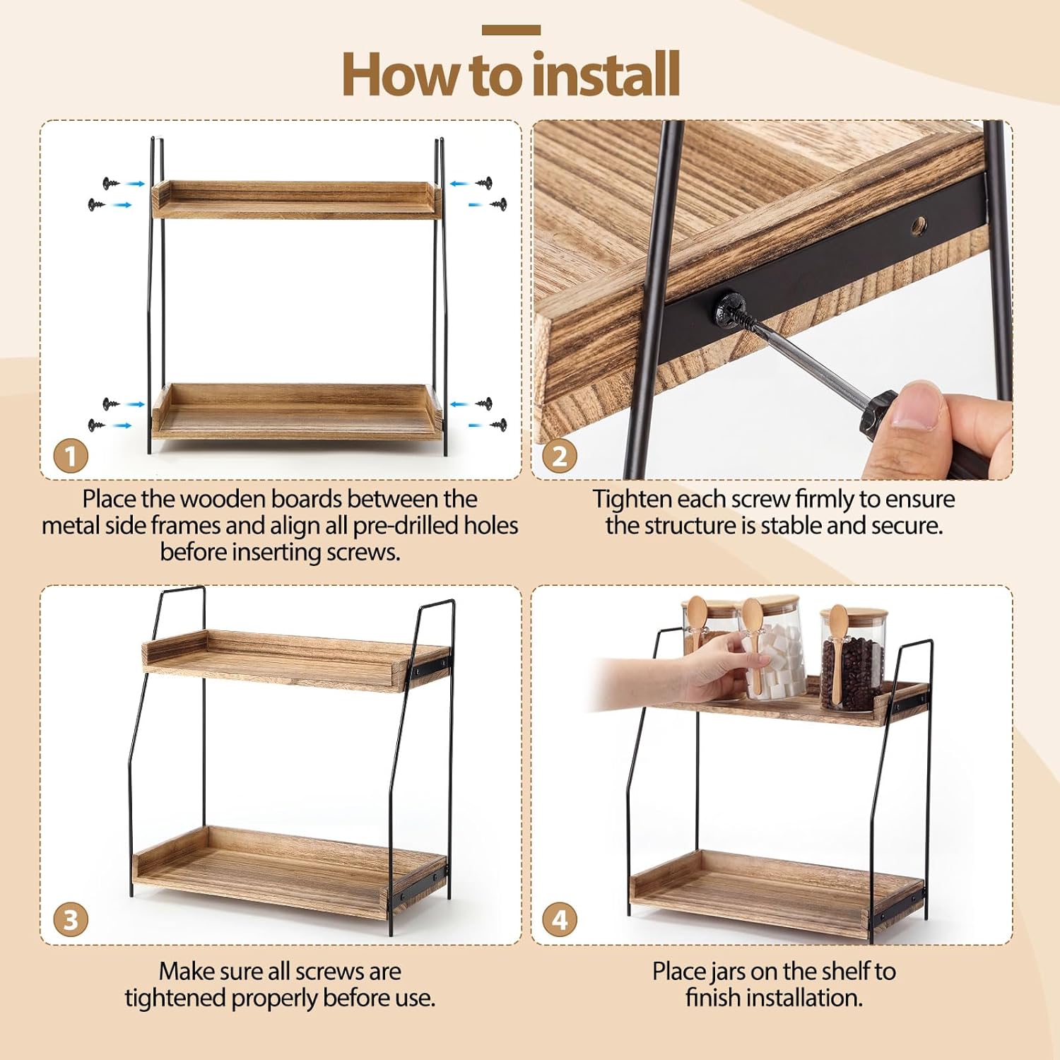 Sieral 2 Tier Coffee Bar Accessories with 3 x 20oz Coffee and Sugar Container Set for Sugar Candy Oats Nuts Countertop Coffees Bar Organizer for Kitchen Home(Paulownia Wood)