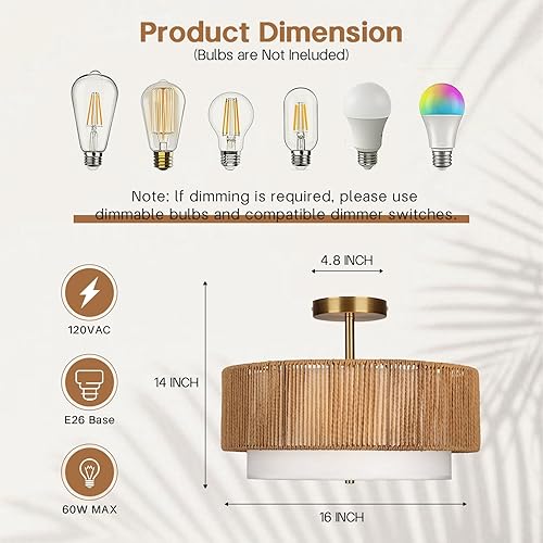 Miniatura 2 de Lámpara de techo semiempotrada de 16 pulgadas, lámparas bohemias con pantalla de tela blanca de tambor de 2 niveles, lámpara de 3 luces de tambor de
