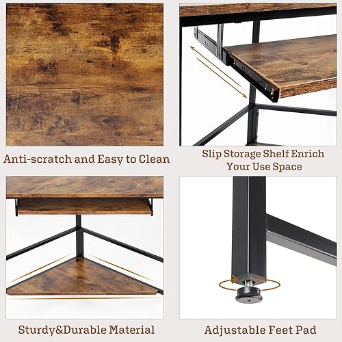 Miniatura 4 de DlandHome Escritorio esquinero triangular para computadora con bandeja para teclado, mesa de computadora portátil, escritorio pequeño para